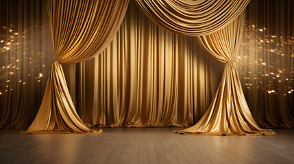 Yellow silk satin. Draped fabric. golden color. Luxury background. Space for design. Template. Flat lay, top view table. Web banner. Christmas,wedding, award, reward., golden wave background