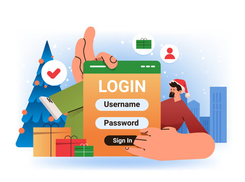 man in santa hat login to social media app mobile or computer application users entering username and password online registration