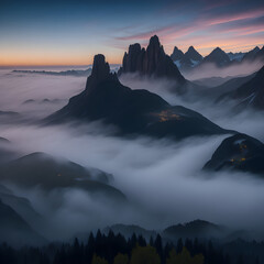 a mountain range covered in fog at sunset
