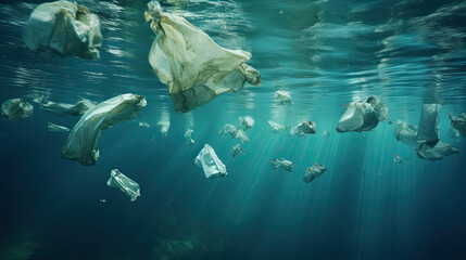 Naklejka premium plastic garbage floats under the sea. ocean pollution problem, environment concept