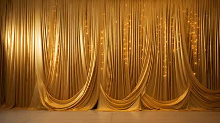 Yellow silk satin. Draped fabric. golden color. Luxury background. Space for design. Template. Flat lay, top view table. Web banner. Christmas,wedding, award, reward., golden wave background