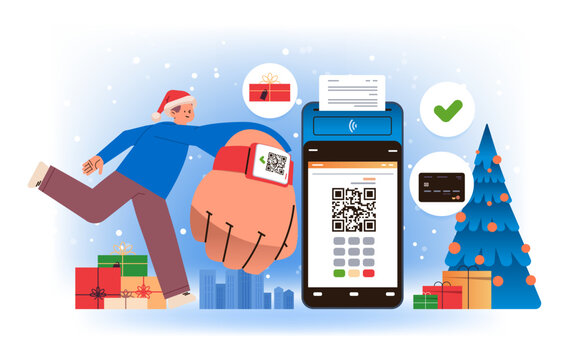 man customer or shopper in santa hat using mobile app with qr code and pos-terminal to make a payment on wrist watch online shopping