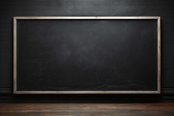 an empty blackboard in a room with black wall - obrazy, fototapety, plakaty