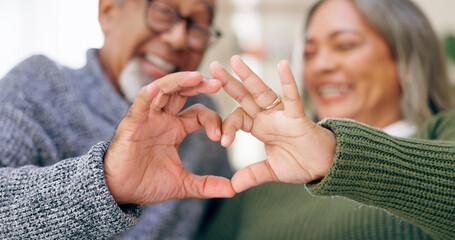 Smile, heart hands or old couple with support, love or hope in a marriage commitment at home...