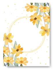 Hand drawn yelloe buttercup floral wedding invitation card template. Floral watercolor background