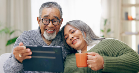 Tablet, home and senior couple with retirement, relax and coffee with happiness, social media and...