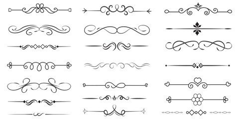 Page Divider And Design Elements. Set of Various Simple Black Divider Design, Assorted Divider Collection Template Vector. Collection of floral dividers elements mega decoration for Calligraphy.