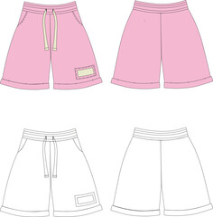 Drawing of women's shorts. Front view and rear view. Technical sketch for clothing manufacturers.