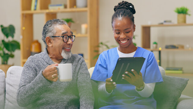 Home, old man and nurse with a tablet, conversation and email notification with internet, love and social media. Black woman, caregiver or elderly person on a sofa, technology and connection with app - Powered by Adobe