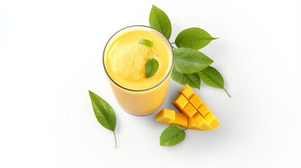 Mango smoothie with white background and warm light for product presentation in top view. Created using generative AI.
