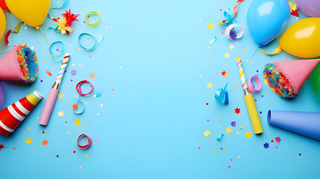 Birthday party caps, blowers and candles on blue background