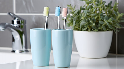 Holder with plastic toothbrushes on white countertop in bathroom