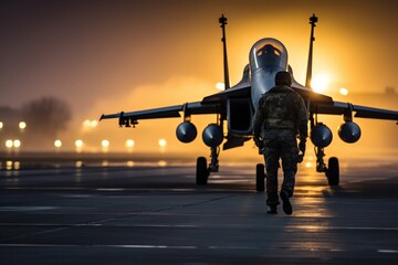 Fototapeta premium Back view of a fighter pilot boarding a fighter jet on an airfield at night. Early morning photo.