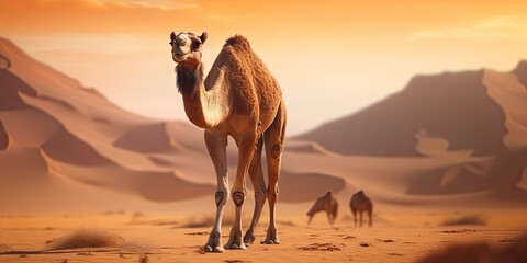 camel is walking in desert, generative AI - obrazy, fototapety, plakaty