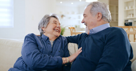 Home, conversation and senior couple on a couch, love and happiness with retirement in a living...
