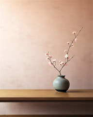 plain wall interior with sakura flower flower in pot on the edge of the wall