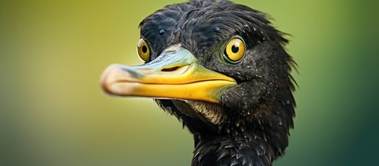 Close up portrait of a green eyed double crested black cormorant with a softly focused background