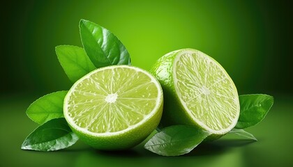 Cartoon Style Illustration of Lime Fruit with Leafy Greens and Sliced Halves