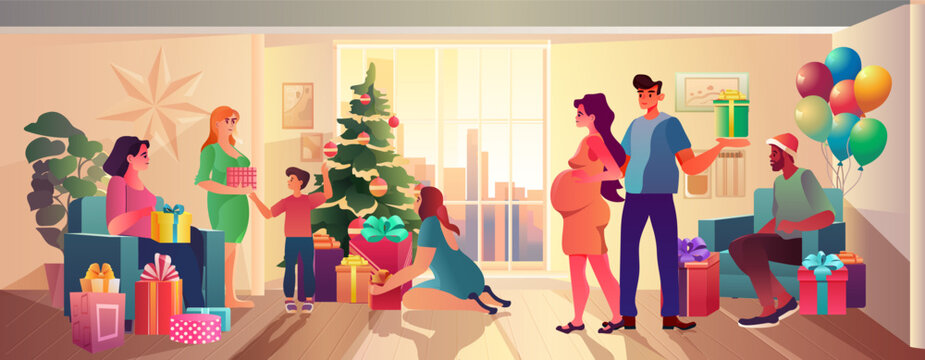 mix race prednant women with men decorating christmas tree in modern living room happy new year holidays celebration