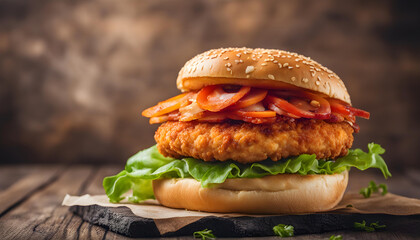 Testy crispy chicken burger with lots of tomato in the black plate - obrazy, fototapety, plakaty