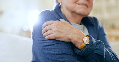 Closeup, shoulder pain and old woman with injury, accident and emergency with muscle tension, lens flare and strain. Pensioner, elderly lady or pensioner with stress, bruise and broker with arthritis - obrazy, fototapety, plakaty