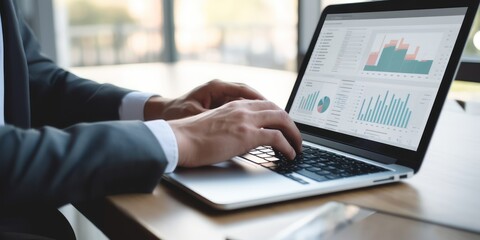 Male hands close-up. Man with laptop. Trading cryptocurrency and securities. Financial analyst works in front of laptop monitor. Track quotes in real time. Cropped photo. - obrazy, fototapety, plakaty