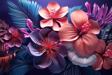 Tropical paper leaves with a neon glow, adding a futuristic and electrifying touch to the natural elements, Generative AI