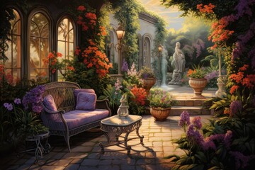 Fantasy garden with chair and vase of flowers. 3D rendering, luxurious garden painting with elegant outdoor furniture, AI Generated