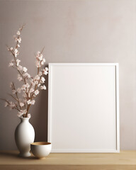 plain wall interior with empty photo frame mounted on the wall, tulip flowers in pot on the floor