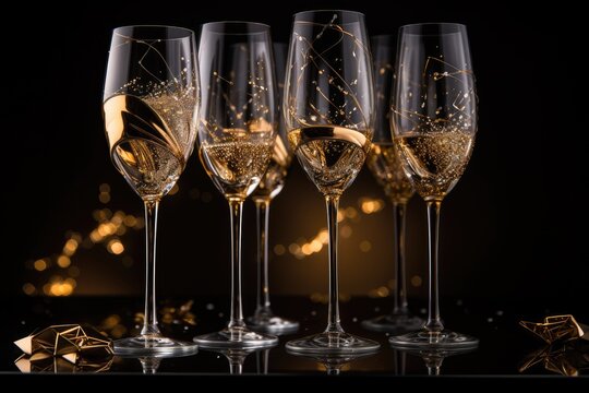 Glasses of champagne on a black background with golden bokeh, luxurious garden painting with elegant outdoor furniture, AI Generated