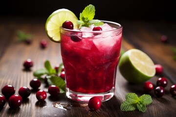 A chilled cranberry mocktail adorned with mint leaves sitting on an old wooden table in the candlelight