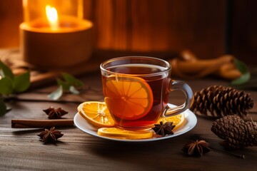 The comforting allure of a hot Orange Clove Tea cup amidst oranges and cloves under soft daylight - Powered by Adobe