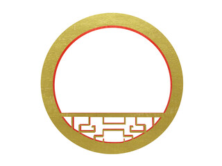 watercolor asian painting chinese round window red and gold frame png. - 670813995
