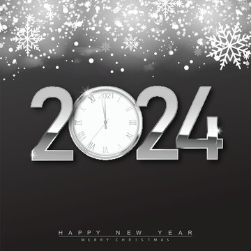 New Year 2024 countdown clock over silver background with fireworks and defocused lights. Vector