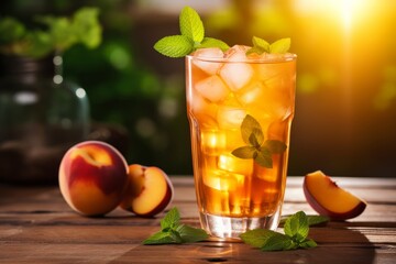 Fototapeta premium A chilled glass of homemade peach iced tea on a sunny afternoon in the garden