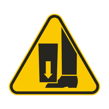 Triangle yellow sign black pictogram icon of feet injury risk, pinched foot, use safety shoes