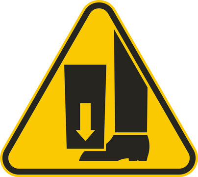 Triangle yellow sign black pictogram icon of feet injury risk, pinched foot, use safety shoes