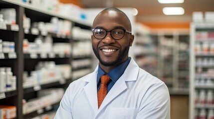 Fototapeta na wymiar Handsome young male caucasian druggist pharmacist in white medical coat smiling and looking at camera in pharmacy drugstore 