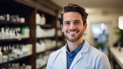 Fototapeta premium Handsome young male caucasian druggist pharmacist in white medical coat smiling and looking at camera in pharmacy drugstore 