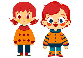 Cute little boy and girl in winter clothes. Vector illustration.