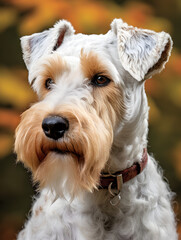 Portrait of white fox terrier dog with brown spots around the eyes, ears and some on the body. Surrounded by vegetation.