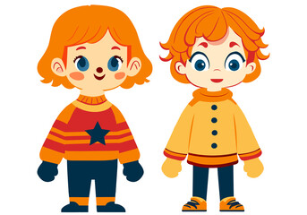 Cute little boy and girl in warm clothes. Flat cartoon vector illustration isolated. 