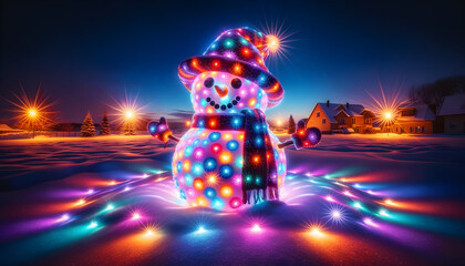 a snowman bathed in a myriad of lights. Each light source casts a different hue on the snow, resulting in a kaleidoscope of colors