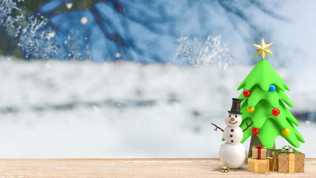 The Snowman and Christmas tree for celebrities or holiday concept 3d rendering..