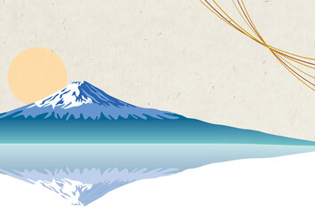 日本の伝統和紙に富士山と金の祝い紐　	年賀状素材 - obrazy, fototapety, plakaty