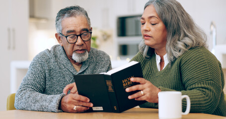 Reading book, old couple or bible in home for faith, religion or God with hope for worship in...