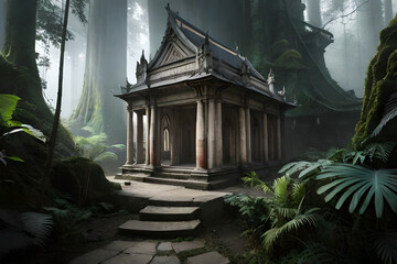 Ancient Ta Promh temple in the jungle, Cambodia. Digital painting.