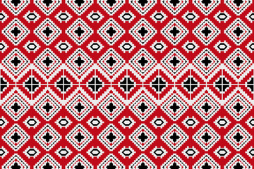 Red Ikat ethnic textile seamless pattern design, tribal boho traditional embroidery on a vector background, and Aztec fabric carpet with mandala ornaments, all rich in cultural and artistic heritage.