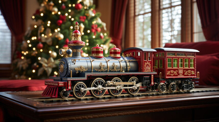 A nostalgic toy train presentation, capturing the essence of holiday traditions, amidst a Christmas environment.
