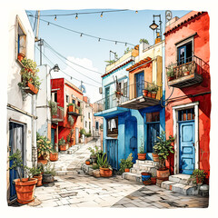 Fototapeta na wymiar Watercolor art portrays Moroccan style homes surrounded by natures beauty in a serene landscape
